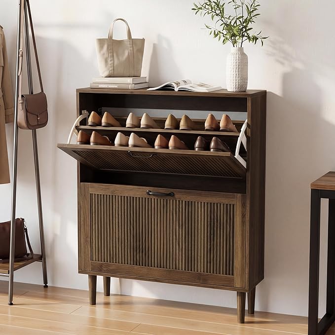 Smuxee Walnut Shoe Cabinet with 2 Flip Drawers, 31.5" Hidden Shoe Storage Cabinet with Small Fluted Doors, Freestanding Shoe Organizer Cabinet for Entryway, Hallway, Living Room