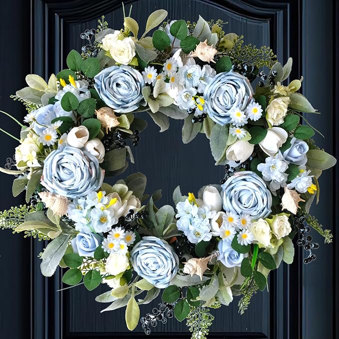 24 inch Spring Front Door Wreath Blue Rose Spring/Summer Flower Wreath Indoor Outdoor Decoration Wedding Birthday Party Decoration