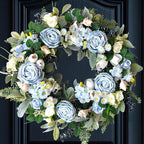24 inch Spring Front Door Wreath Blue Rose Spring/Summer Flower Wreath Indoor Outdoor Decoration Wedding Birthday Party Decoration