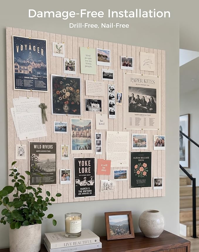 Aothia 12-Pack Felt Bulletin Board Tiles 48"x36", Modular Pin Board for Smooth Walls, Cork Board Alternative for Notes & Photos, 0.35" Thick, 70 Adhesive Tabs & 40 Pins, Oatmeal