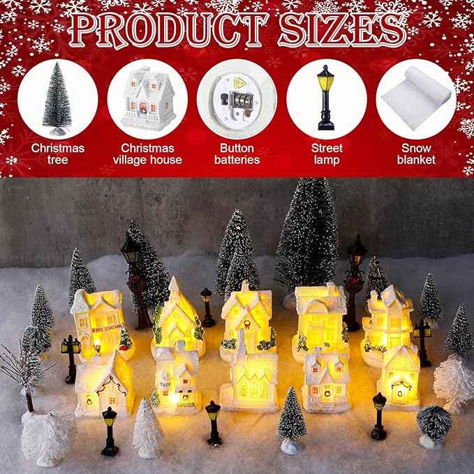 Shappy 48 Pcs Christmas Village Houses Town Buildings Accessories 10 Light up Christmas Village House 12 Mini Trees 12 LED Lights 2 Snow Blanket Box for DIY(Fresh Style)