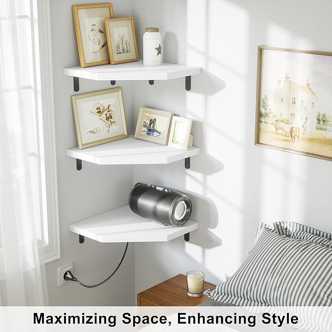 Alsonerbay Corner Wall Shelf Set of 3 Corner Shelf Wall Mount, Solid Wood Corner Floating Shelves with Cable Hole for TV Accessories, Speaker, Game Console for Bedroom, Living Room, Bathroom White