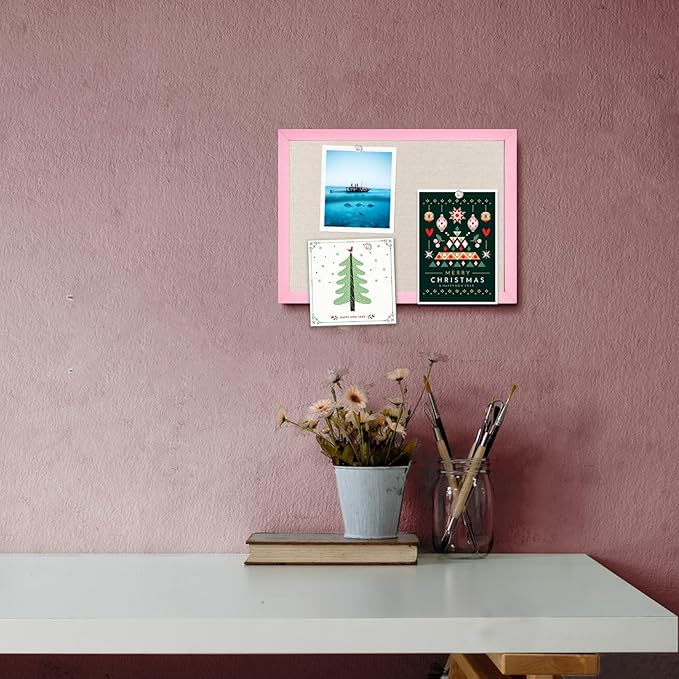 Small Linen Bulletin Board,10.2"x14.2" Pink Wood Frame Bulletin Boards,Beige Linen, Pin Board for Home Kitchen Office Decorative(PK-2636)