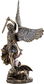 Top Collection Archangel St. Michael Statue - 14.5-Inch Saint Michael Defeating Lucifer in Religious Premium Cold-Cast Bronze Sculpture - Collectible Angel of Heaven Stepping on Demon Figurine