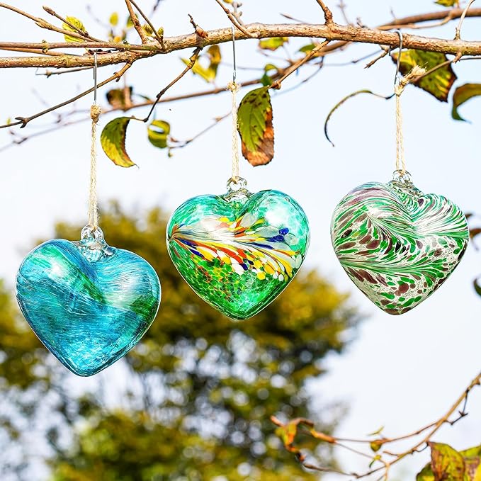 Set of 3 Green Blown Glass Heart Ornaments 4 Inch Hanging Decor for Outdoor Unique Home Garden Patio Decoration for Mom Wife