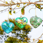 Set of 3 Green Blown Glass Heart Ornaments 4 Inch Hanging Decor for Outdoor Unique Home Garden Patio Decoration for Mom Wife