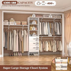 Armocity 120 Inches Closet System, 10FT Walk In Closet Organizer with 3 Shelving Towers, Heavy Duty Clothes Rack with 3 Drawers, Built-In Garment Rack, 120" L x 16" W x 75" H, Max Load 1300 LBS, White