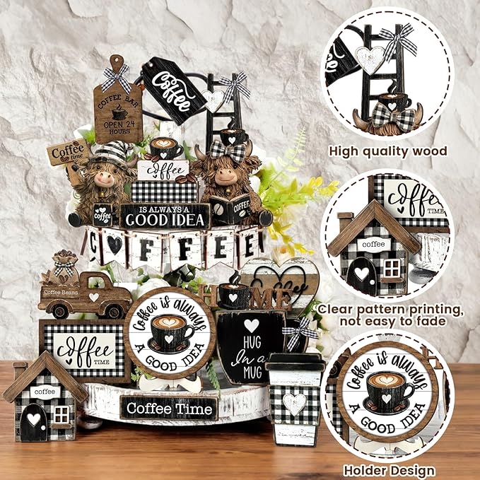 Mifoci 23 Pcs Coffee Tiered Tray Decorations Highland Cow Wooden Farmhouse Coffee Bar Accessories Signs Mugs & Rustic Highland Cow for Kitchen Table Centerpiece