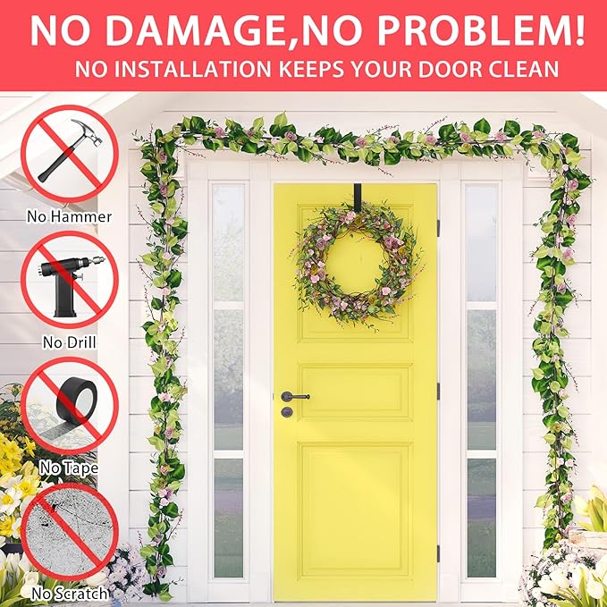 15” Wreath Hanger Over the Door Hooks, Non Scratch Wreath Door Hanger Hooks for Hanging Welcome Sign, Metal Wreath Hangers for Front Door Décor, Thin Door Hanger for Easter Halloween Home Decoration
