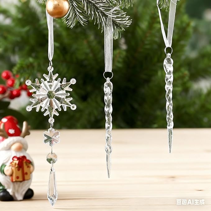 Christmas Ornaments for Tree Decorations - Hanging Acrylic Snowflake & Icicle Christmas Pendants for Winter Xmas Tree,New Year Party Supplies,DIY Holiday Décor