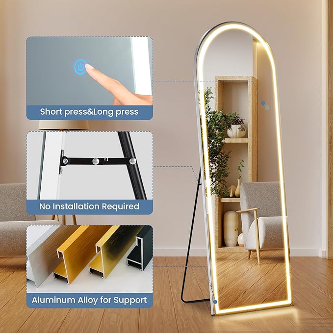DUMOS Arched LED Full Length Floor Mirror, 63"x20" Full Body Standing Mirror with Lights, 3 Color Lighting, Hanging or Leaning, Wall Mounted, Modern Simple Home Wall Decor, White