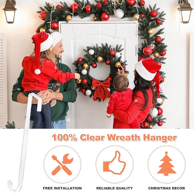 15" Clear Wreath Hanger for Front Door, Invisible Over The Door Hook, Non-Scratch 10lb Heavy Duty Year-Round Decor & Organization for Christmas, Easter, Home