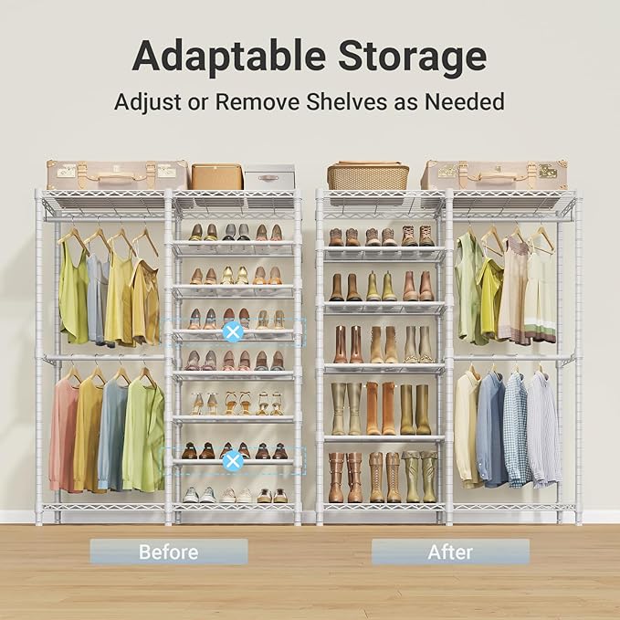 VIPEK S2 Heavy Duty Clothes Rack with Shoe Shelves Freestanding Clothing Rack with 6-Tier Shoe Rack, Double Hanging Rod, Adjustable Shelf, Walk in Closet Organizer Garment Rack, White