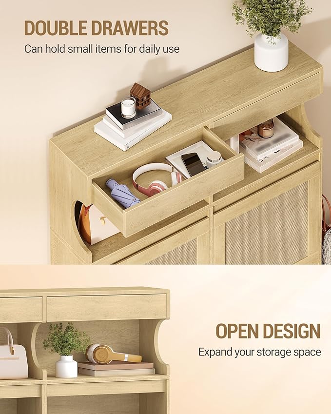 Shoe Cabinet with 4 Flip Drawers & 2 Top Drawers, Narrow Hidden Shoe Storage Cabinet for Entryway, Freestanding Shoes Organizer with Storage Space, 16-20 Pairs, for Hallway, Rattan SR57602Y