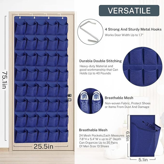 40-Pocket Over the Door Shoe Organizer - Large Mesh Pocket Hanging Shoe Organizer,Behind the Door Shoes Storage Holder Hanger