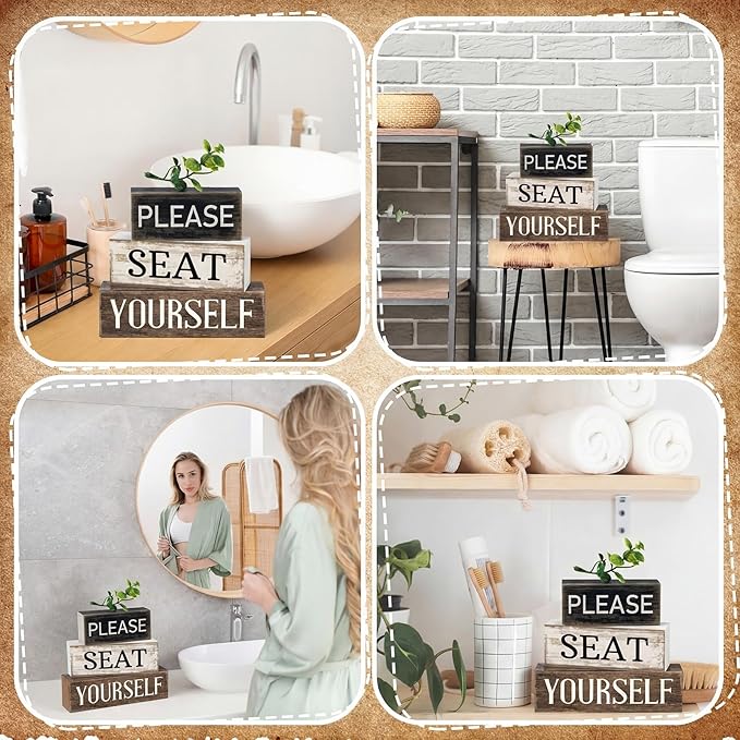 Moucuny 4 Pcs Bathroom Shelf Decor Farmhouse Bathroom Decor and Accessories Please Seat Yourself Sign Rustic Eucalyptus Leaves Wood Block Sign Gift Home Table Centerpiece for Home Office