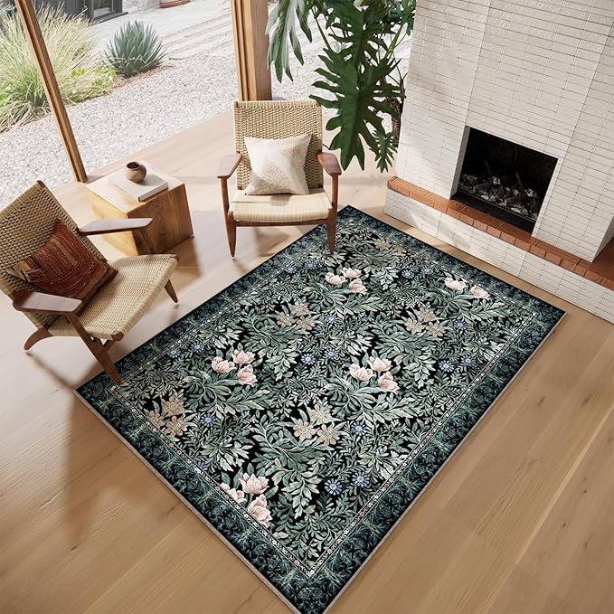 Washable Area Rugs 5x7 Black Green Vintage Floral Botanical Pattern,Perfect for Living Room, Bedroom, Kids Room, Nursery - Stain & Water Resistant Non-Slip, Pet & Child Friendly/Bedroom Decor