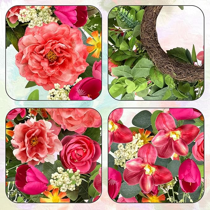 ICX 24 Inch Spring Wreaths for Front Door, Large Spring Summer Outdoor Door Wreath with Pink Peony Tulip Orchid, All Seasons Floral Wreath for Farmhouse Wall Porch Window Home Decor