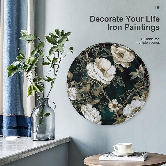 Wall Picture, with White Flowers Printed Circular Iron Hanging Picture,Wall Art Decor,Home for Bedroom Living Room Bathroom Decor,Iron Painting 11.8X11.8 in