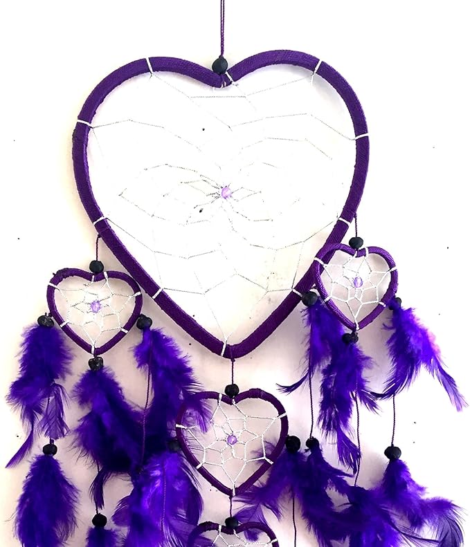 OMA Dream Catcher - Hand Made Purple Feather Dream Catcher Heart Shaped with Crystal Beads - 7" Diameter & 24" Long - OMA Federal (TM) Brand