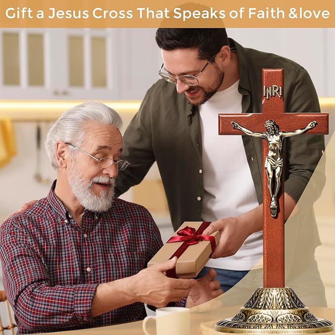 ACHIBANG 12" Crucifix Wall Cross with Stand – Catholic Wooden Standing and Hanging Jesus Cross with INRI for Home or Prayer Room