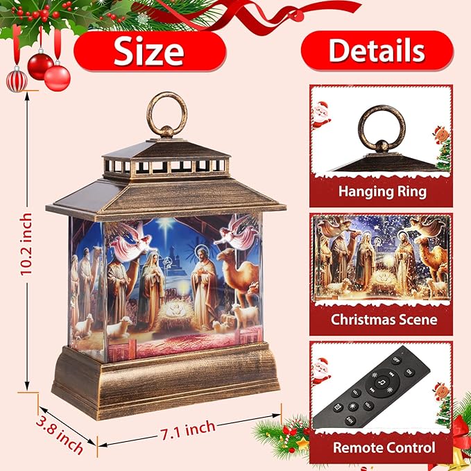Christmas Snow Globe Lantern Water Glittering Lantern with 8 Songs & 6H Timer Romote Control Christmas Snow Globes USB & Battery Operated for Christmas Festival Decorations Gifts (Nativity)