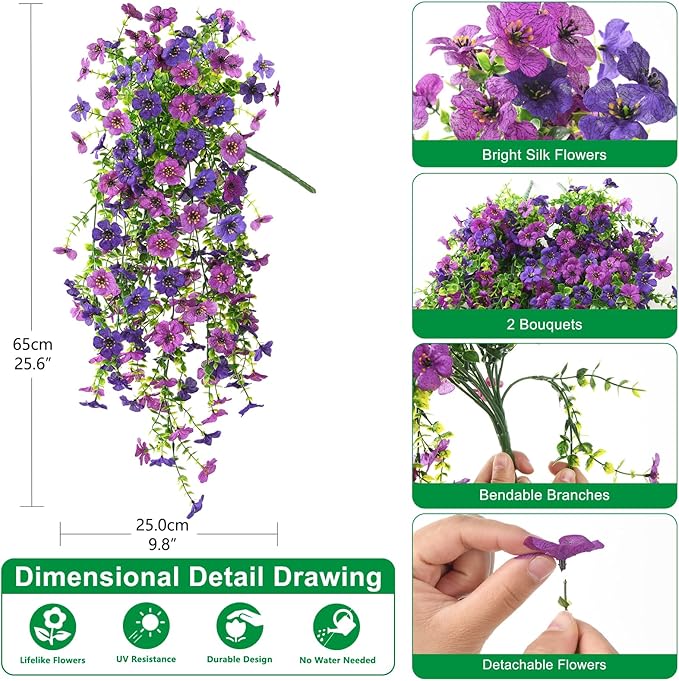 Homsunny Artificial Hanging Flowers for Outdoor, 2PCS Fake Flowers Faux Silk Daisy with Eucalyptus Leaves, UV Resistant Aritificial Flowers for Spring Home Patio Yard Porch Decor (Double Purple)