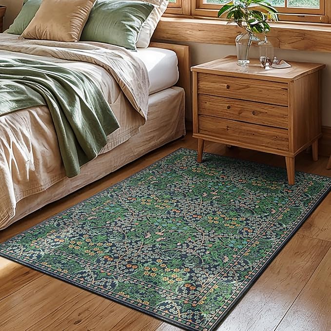 Lessymo Floral Forest Green 3x5 Area Rugs for Entryway, Kitchen, Bedroom Beside Rug Soft Non-Slip Small Carpet for Living Room, Laundry Room, Vintage Distressed Boho Flower Print