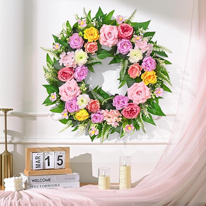 Yastouay Summer Wreaths for Front Door, 24 Inch Large Summer Wreath with Realistic Rose Peony, Full Floral Wreaths for Front Door Porch Farmhouse Patio Wall Decor All Season
