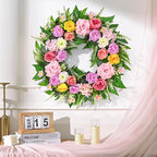 Yastouay Summer Wreaths for Front Door, 24 Inch Large Summer Wreath with Realistic Rose Peony, Full Floral Wreaths for Front Door Porch Farmhouse Patio Wall Decor All Season