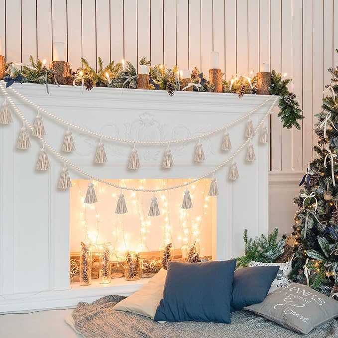 Janinka Tassel Garland Boho Classroom Decor Macrame Wooden Bead Garlands Wood Beads Banner with Tassels Boho Wall Hanging Banner for Classroom Bedroom Nursery Home Decoration(Classic Color)