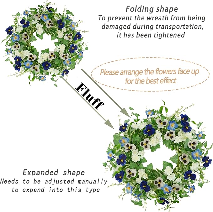 AMF0RESJ Artificial Spring Summer Wreath for Front Door with Pansy Flower,Lavender Morning Glory for Front Door Indoor Outdoor Farmhouse Home Wall Window Festival Wedding Decor,