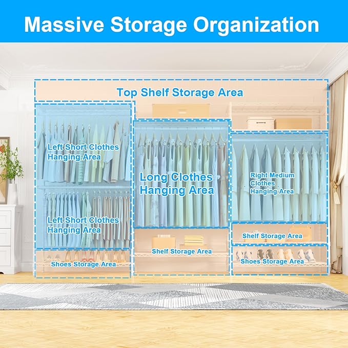 Ulif E13C Max Heavy Duty Closet Organizer System，Freestanding Clothing Racks for Hanging Clothes，Adjustable Garment Rack 86" W x16 D x77 H Hold 1100 lbs，White Rack with White Dustproof Cover