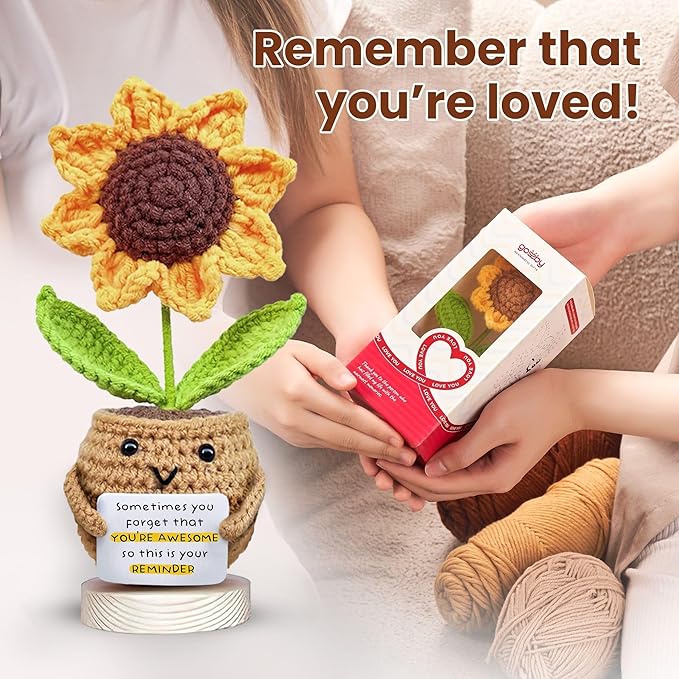 Gossby Inspirational Gift for Women - Handmade Positive Sunflower Crochet - Sometimes You Forget You're Awesome - Christmas, Birthday, Appreciation Thank You Gift for Coworker, Sister Friend, Teacher