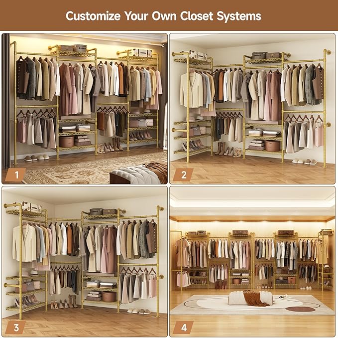 Wall Mounted Garment Rack, Industrial Pipe Metal Clothing Rack with 6 Hanging Rods (4 Expandable) & 8 Shelves, Closet Organizers and Storage System for Bedroom, Walk in Closet