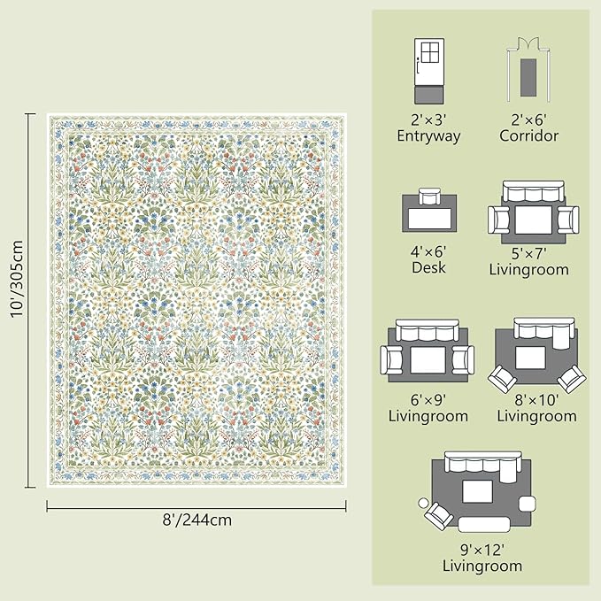 Washable 8x10 Area Rug - Light Green Oriental Design for Living Room, Bedroom, Dining Room & Under Kitchen Table - Stain Resistant, Non-Slip Large Rug