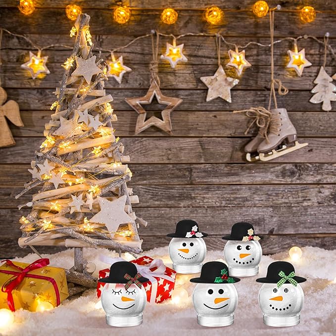 24 Sets Christmas Plastic Snow Globes Kit Includes 24 Clear Snow Globe, Mini Black Top Hats and Sticker for Ornaments DIY Crafts Fillable Snow Globes Home Winter Christmas Decoration