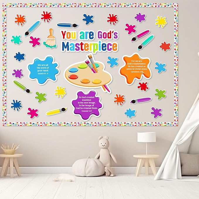 God Paint Splatter Religious Bulletin Board Set Christian Jesus Colorful Art Painting Back to School Classroom Bulletin Board Decorations Bible Cutout for Library Home Wall Sunday School Decor