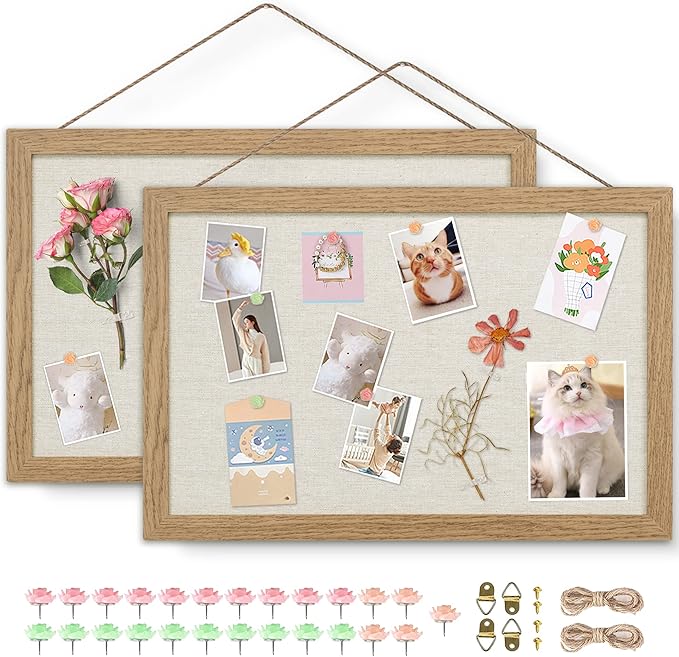 AKTOP 2-Pack Cork Bulletin Board with Linen 16.7" X 11", Small Framed Corkboard for Wall, Hanging Pin Board Picture Board for Home Office Decor, Cute Vision Board with 25 Pushpins (Carbonized Black)