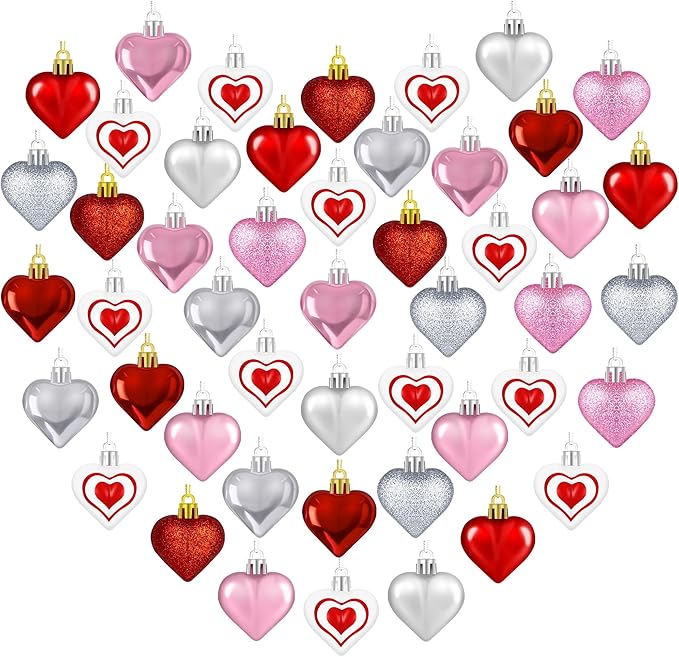48PCS Heart Shaped Ornaments, Valentine Tree Decorations in 7 Kinds, 4 Colors Glitter Valentine Tree Ornaments, Heart Shaped Decorations for Valentines Wedding Party Hanging Decor