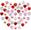 48PCS Heart Shaped Ornaments, Valentine Tree Decorations in 7 Kinds, 4 Colors Glitter Valentine Tree Ornaments, Heart Shaped Decorations for Valentines Wedding Party Hanging Decor