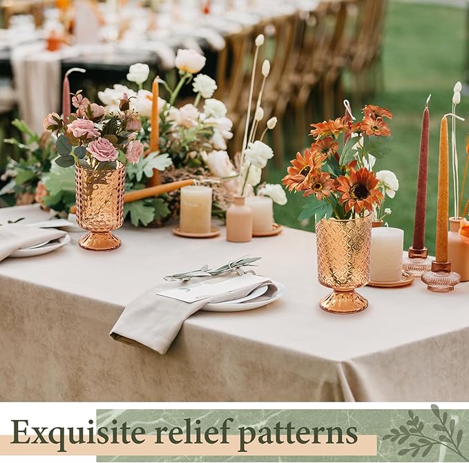 6 Pcs (H:7" W:4") Embossed Flower Vase Pedestal Glass Vase Big Base Thickened Crystal Vintage Vases for Valentines Day Wedding Home Decor Table Centerpiece House Warming Gifts(Amber)