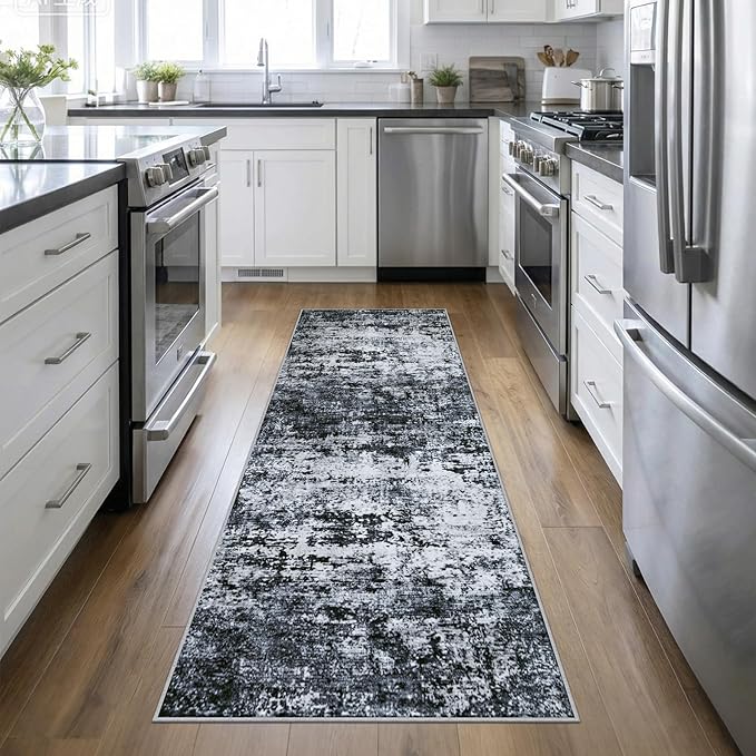2.6'x10' Runner Rug Washable Rug: Modern Abstract Soft Thin Runner Rug Black