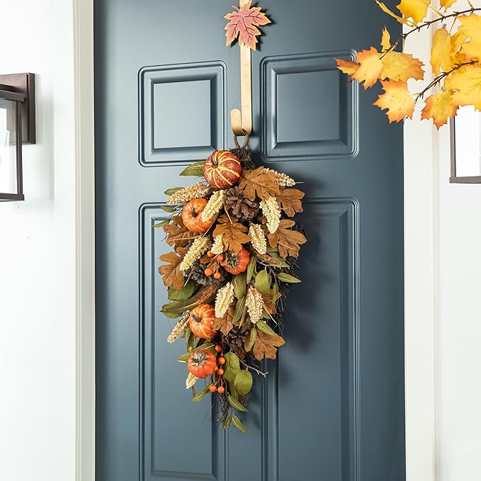 Glitzhome Decorative Teardrop Swag for Front Door, Artificial Wall Swags with Leaf & Pumpkins & Pine Cones & Berries for Home Porch Wall Window Halloween Thanksgiving Indoor Outdoor Decor