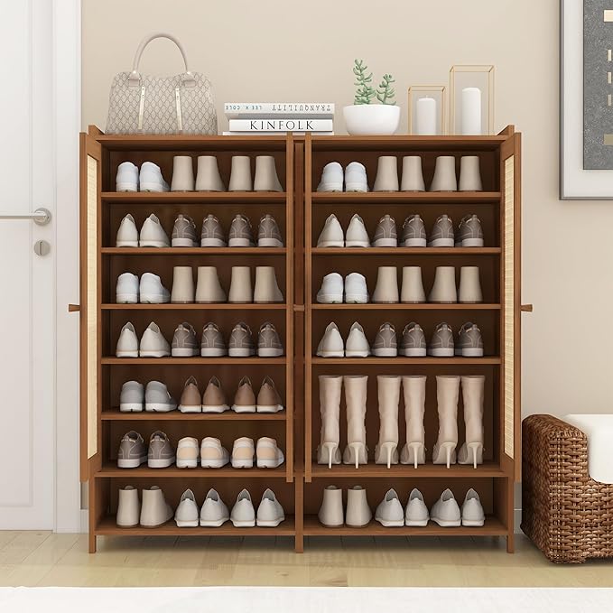 Upgraded Shoe Storage Cabinet,39 Pairs Rattan Shoe Cabinet Storage,8 Tier 45" Tall Large Shoe Cabinet,Boho Farmhouse Cabinet with Doors for Hallway Living Room Closet(47.2" W 8 Tier)