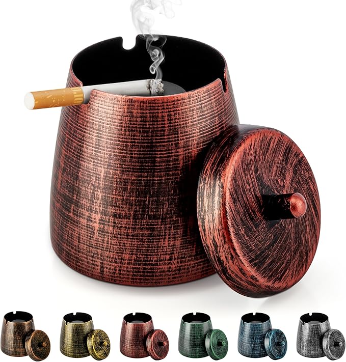 Ashtray for Cigarettes Outdoor, Outdoor Ashtray with Lid for Cigarette, Metal Odorless Windproof Smokeless AshTray for Patio Home Office Tabletop Balcony