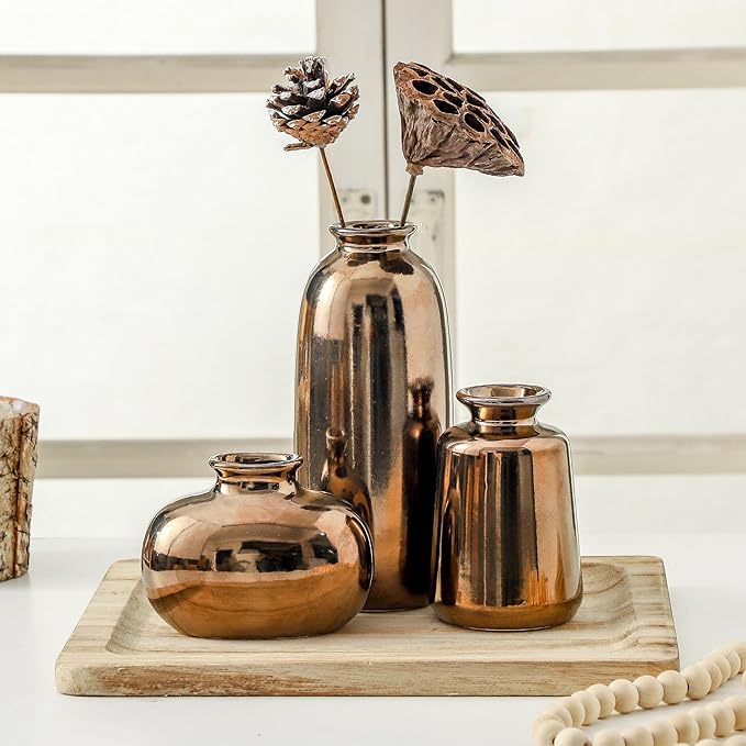 Ceramic Vase Set of 3,Small Modern Farmhouse Pottery Vases, Neutral Rustic Vases for Pampas Grass, Dried & Fresh Flowers - Ideal for Bedroom, Living Room, Bookshelf, Mantel, Centerpiece Table Decor