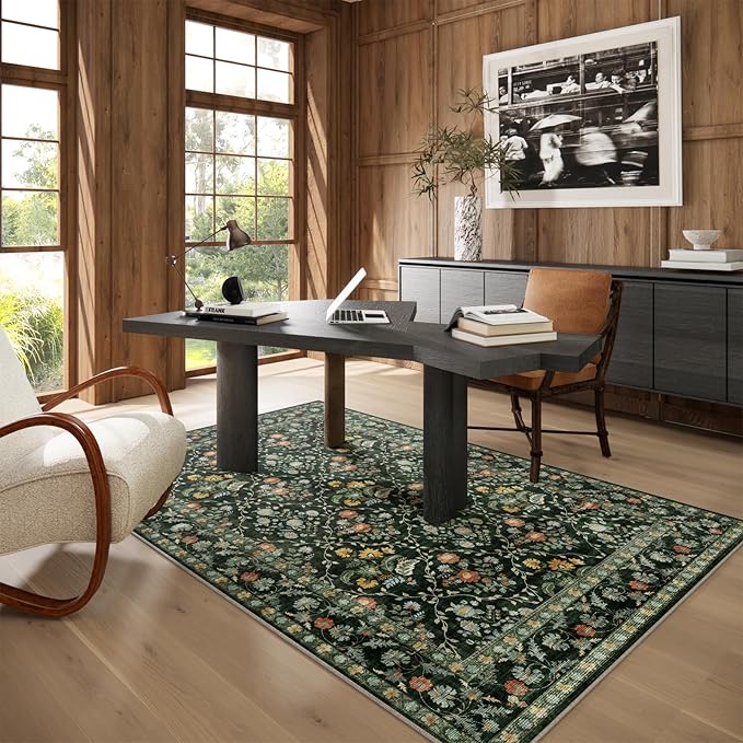 Vintage Botanical Dark Green Area Rug 4x6 Elegant Floral Pattern, Durable Stain-Resistant Fabric, Perfect for Living Room, Bedroom, Dining Room Decor