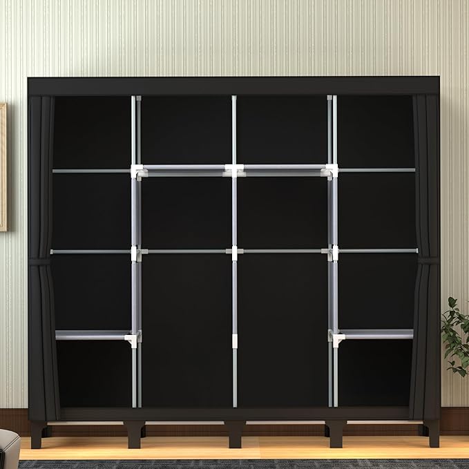 Non-Woven Wardrobe, No Tools Required, Large Capacity, Easy Assembly, Movable, Storage Rack, Waterproof, Dustproof, Stain Resistant, Black, 67.7 x 172 cm (Black, X-Large)
