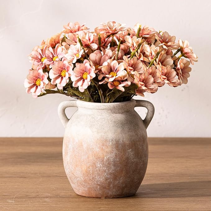 Ceramic Flower Small Vase 6 inch Farmhouse Rustic Vase Decorative Pottery Terracotta Vases for Home Decor Table Mantle Fireplace Living Room Bathroom Wedding Centerpiece
